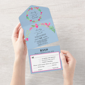 Invitación Todo En Uno Verde Floral Rosa Azul Claro Elegante Boda RSVP