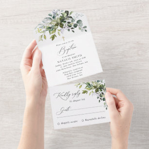 Invitación Todo En Uno Verde, Hojas de Eucalipto, Boho, Bautizo