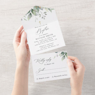 Invitación Todo En Uno Verde, Hojas de Eucalipto, Boho, Bautizo