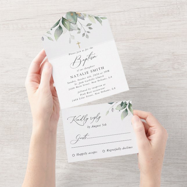 Invitación Todo En Uno Verde, Hojas de Eucalipto, Boho, Bautizo (desgarro)