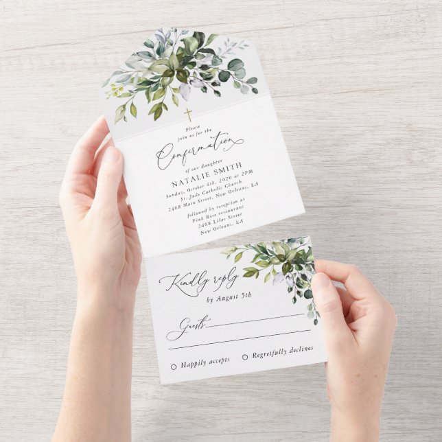 Invitación Todo En Uno Verde, Hojas de Eucalipto, Boho, Confirmación (desgarro)