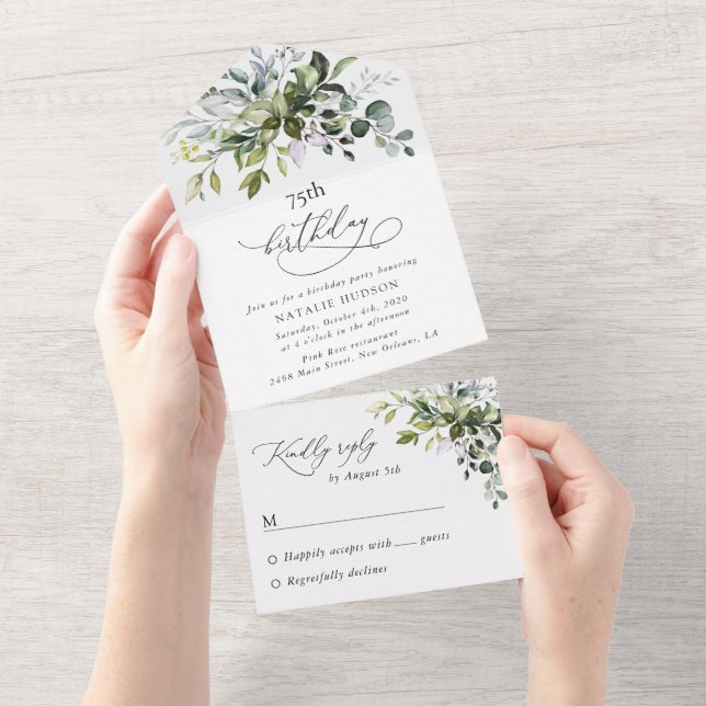 Invitación Todo En Uno Verde, Hojas de Eucalipto, Boho, Cumpleaños (desgarro)