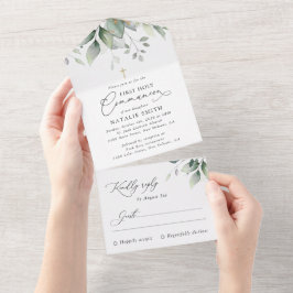 Invitación Todo En Uno Verde, Hojas de Eucalipto, Primera Comunión