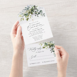 Invitación Todo En Uno Verde, Hojas de Eucalipto, Primera Comunión