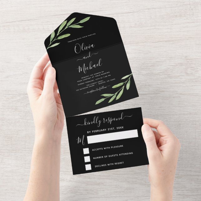 Invitación Todo En Uno Verde Negro Simple Boda Elegante RSVP (desgarro)