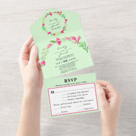 Invitación Todo En Uno Verde pálido floral rosa verde follaje elegante bo
