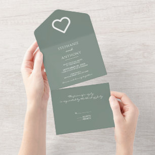 Invitación Todo En Uno Verde sabio minimalista con Boda moderno del coraz