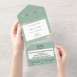 Invitación Todo En Uno Verde sabio, oro y spray de flores