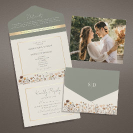 Invitación Todo En Uno Verde Salvia Boho Boda de Flores Silvestres