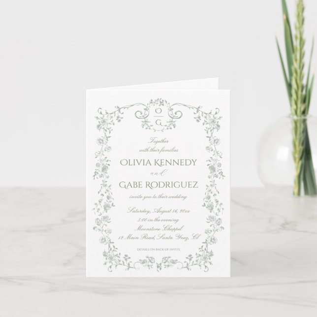 Invitación Todo en uno verde salvia floral francés doblado (Anverso)
