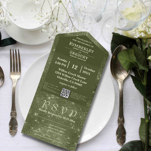 Invitación Todo En Uno Verde Salvia Oliva Brillo Falso Arpillera Código Q