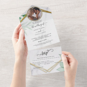 Invitación Todo En Uno Verde Vegetación Brillo Boda Dorada