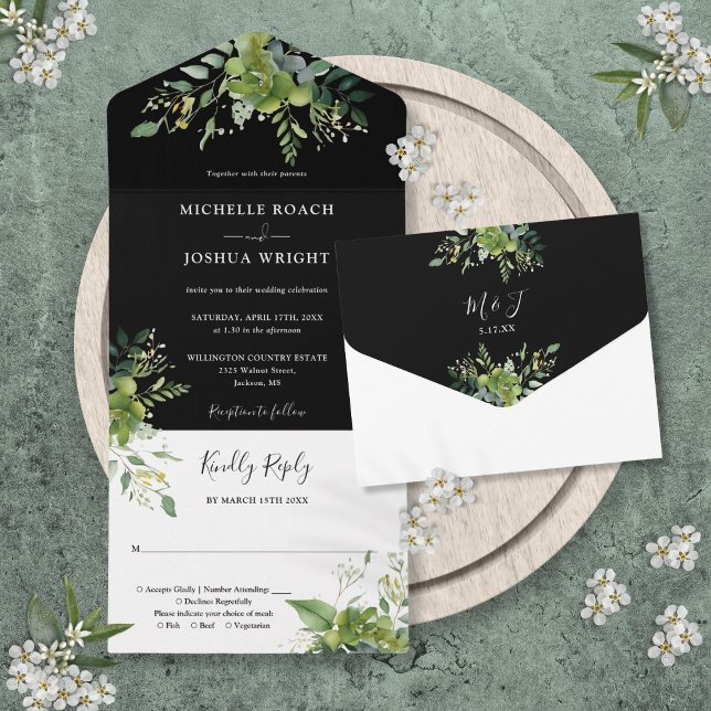 Invitación Todo En Uno Verdor Boda Monograma Blanco Y Negro (Greenery Black And White Monogram Wedding All In One Invitation)