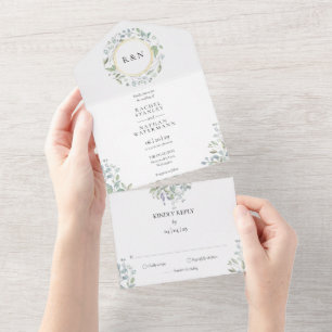 Invitación Todo En Uno Verdor de Monograma Guirnalda Floral Boda de Oro T