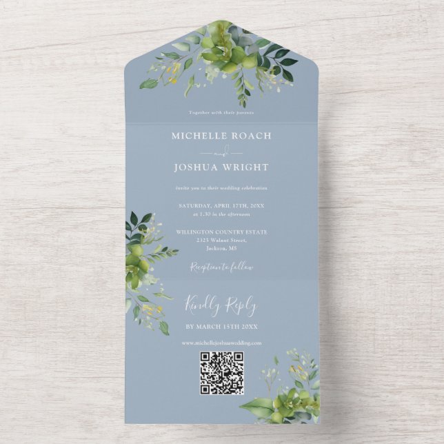 Invitación Todo En Uno Verdor Floral Código QR Boda azul turbio moderno (Interior)