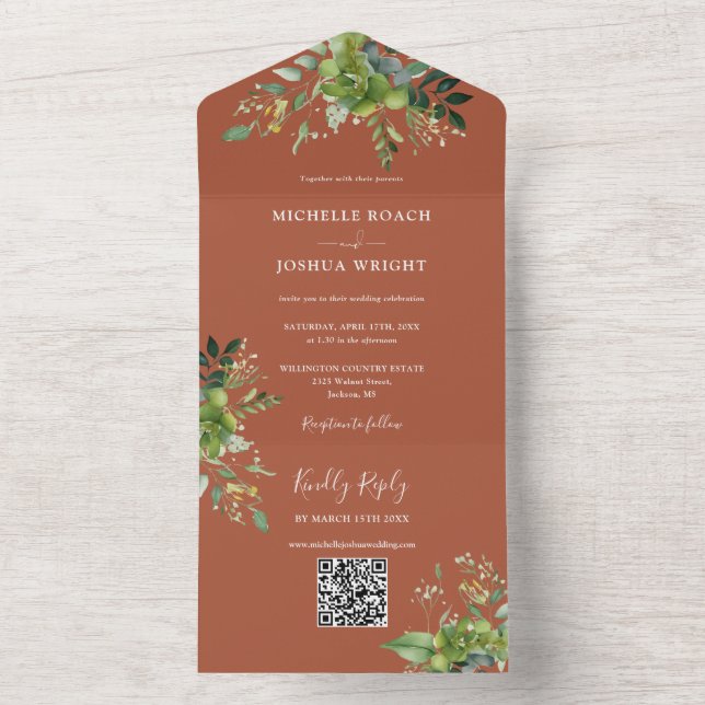 Invitación Todo En Uno Verdor Floral Código QR Boda moderno Terracotta (Interior)