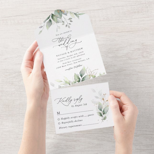 Invitación Todo En Uno Verdor, hojas de eucalipto, Boda botánico (desgarro)