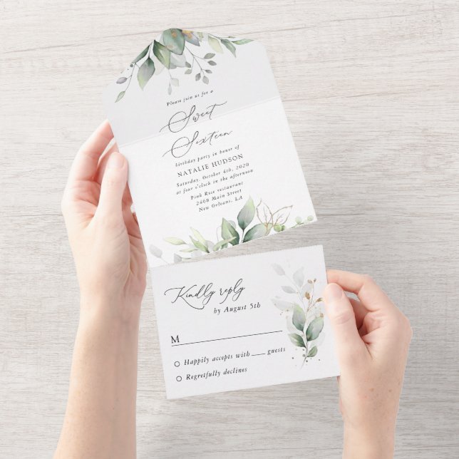 Invitación Todo En Uno Verdor, hojas de eucalipto, boho, dulce 16 (desgarro)