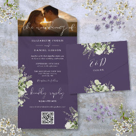 Invitación Todo En Uno Verdor morado floral QR Código Boda Foto