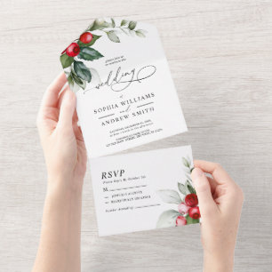 Invitación Todo En Uno Verdor navidad y Berries rojas