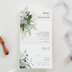 Invitación Todo En Uno Verdor y hoja de oro Sellos simples y envío
