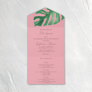 Invitación Todo En Uno Verdor y Monstera Bachelorette tropical rosa