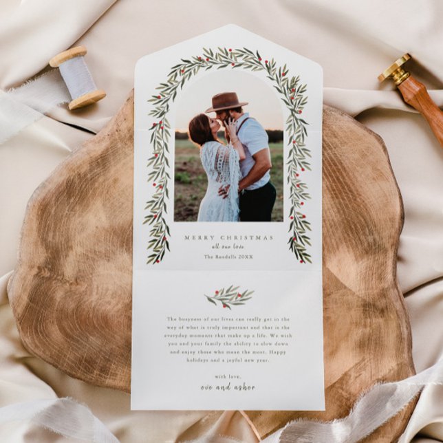 Invitación Todo En Uno Verenery Arch Elegant Photo Navidad vacaciones (Elegant greenery leaves boho arch photo christmas holiday all in one photo card.)