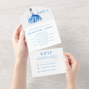 Invitación Todo En Uno Vestido Azul Dulces 16 Floral Dieciséis Femenino E