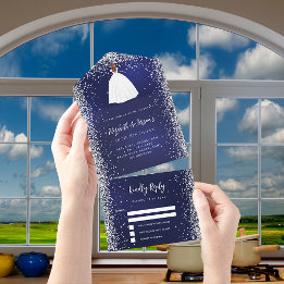 Invitación Todo En Uno Vestido azul marino de plata purpurina cumpleaños 