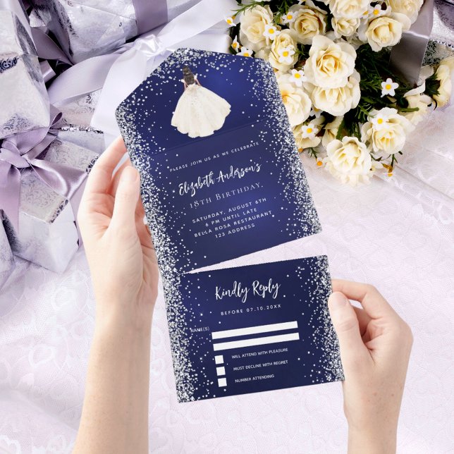Invitación Todo En Uno Vestido azul marino de plata purpurina cumpleaños  (Subido por el creador)