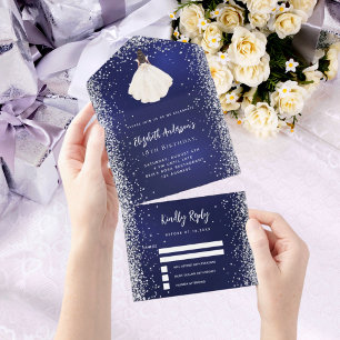 Invitación Todo En Uno Vestido plateado azul marino con brillo cumpleaños