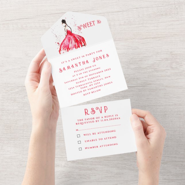 Invitación Todo En Uno Vestido Rojo Dulce 16 Floral Dieciséis Girly Elega (desgarro)