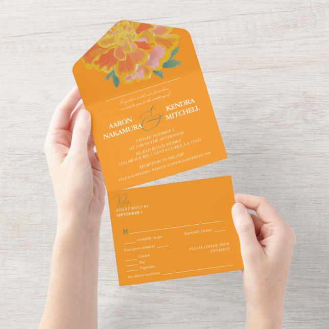 Invitación Todo En Uno Vibrant Orange Marigold Summer Wedding (desgarro)