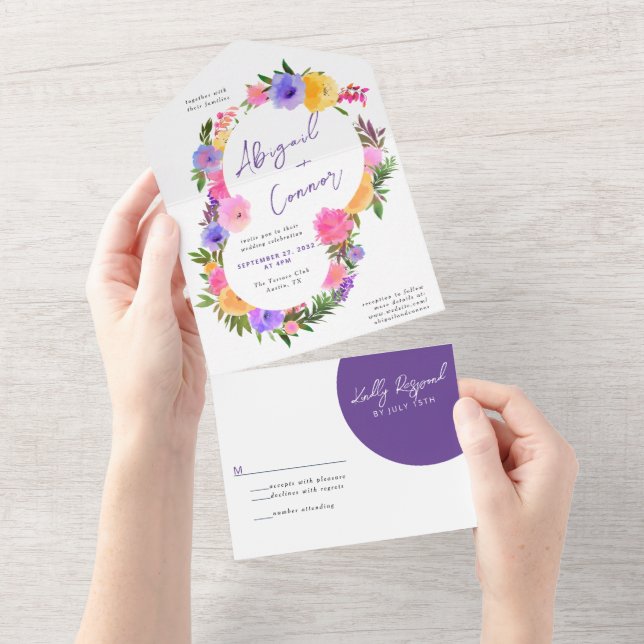 Invitación Todo En Uno Vibrante Casual Magenta Violeta Amarillo Todo En U (desgarro)