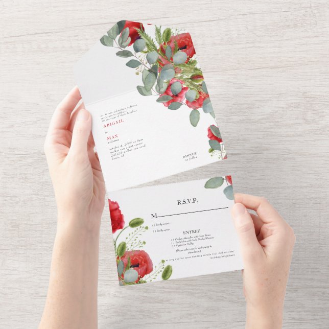 Invitación Todo En Uno Vibrante Eucalyptus Boda Floral Roja (desgarro)