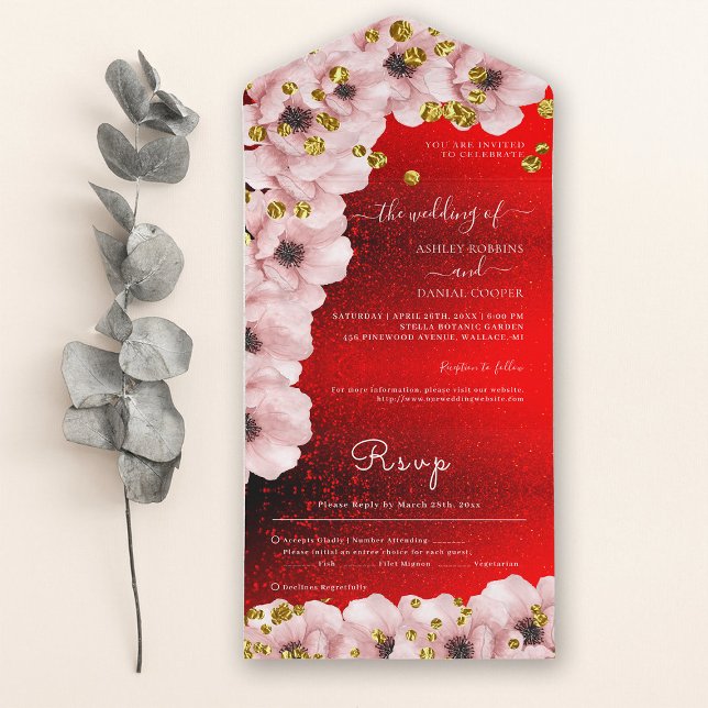 Invitación Todo En Uno Vibrante Red Elegante Boda de rosas rosadas (Subido por el creador)