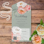 Invitación Todo En Uno Vibrantes personajes en el código QR verde sabio<br><div class="desc">DISPONIBLE CON O SIN CÓDIGO QR O CON O SIN OPCIONES DE SELECCIÓN DE CENAS. Suave y romántico, este diseño presenta melocotón ondulado y peonías blancas sobre un suave fondo de rocío verde vintage. Agregue un código QR a su invitación para que los visitantes puedan acceder rápidamente a su sitio...</div>