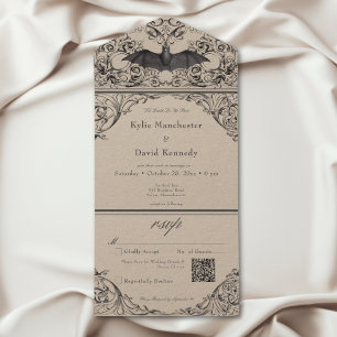 Invitación Todo En Uno Victorian Bat Til Death Black Tan Boda QR Code