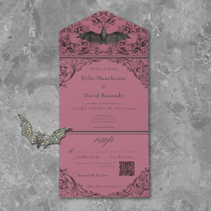 Invitación Todo En Uno Victorian Bat Til Death Black Wine Boda QR Code