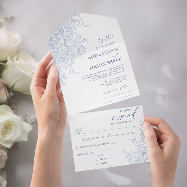 Invitación Todo En Uno Victorian French Dusty Blue Floral Wedding  (Victorian French Dusty Blue Floral Wedding All In One Invitation)