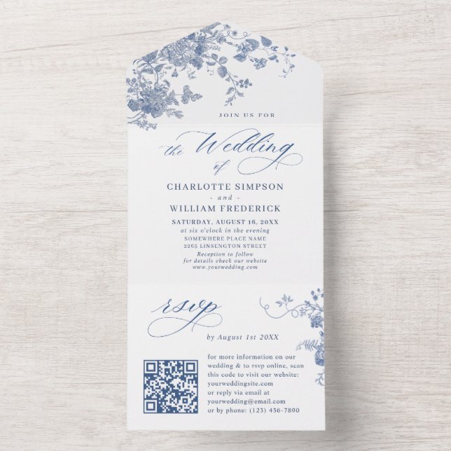 Invitación Todo En Uno Victoriano Dusty Blue French Garden Boda Floral (Interior)