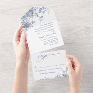 Invitación Todo En Uno Victoriano Dusty Blue French Garden Boda Floral