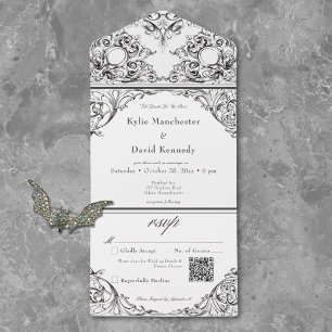 Invitación Todo En Uno Victoriano hasta la muerte Boda blanco negro Códig