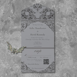 Invitación Todo En Uno Victoriano hasta la muerte Código QR Boda negro y 