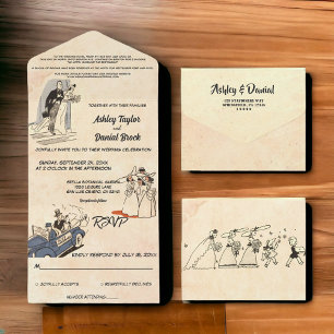 Invitación Todo En Uno Viejo Boda romántico de historietas de los años 50