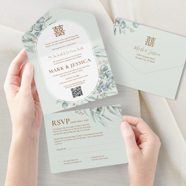 Invitación Todo En Uno Vietnamese Eucalyptus Round Frame Wedding (Subido por el creador)