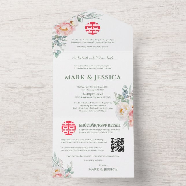 Invitación Todo En Uno Vietnamitas bilingües tradicionales (Interior)