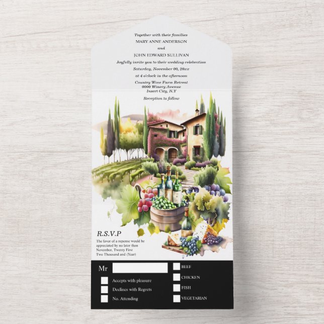 Invitación Todo En Uno Villa toscana acuarela viñedos italianos (Interior)