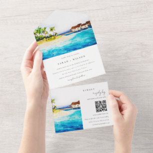 Invitación Todo En Uno Villas de agua submarina Boda de playa Código QR
