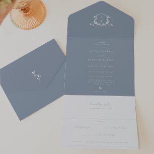 Invitación Todo En Uno Viñetas sin tiempo Boda azul turbio Escudo